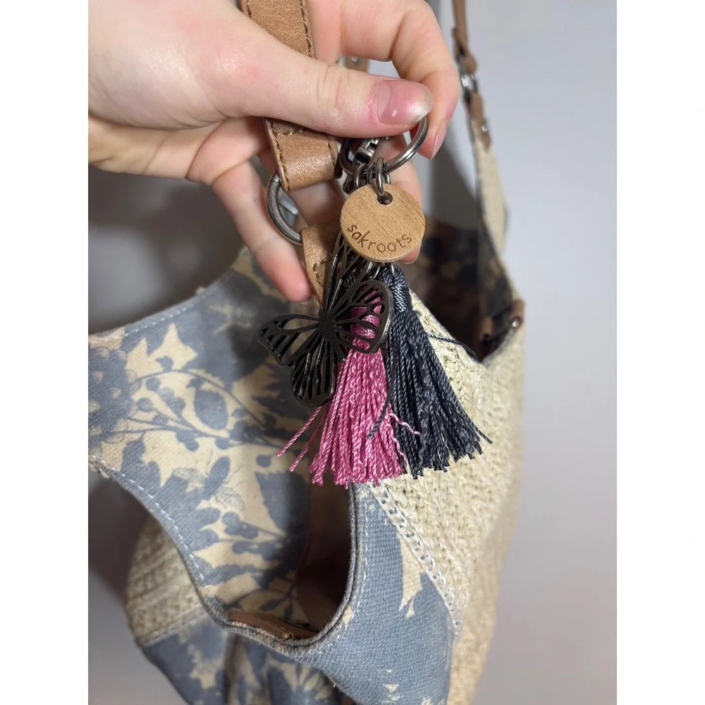 Sakroots Straw Floral Hobo Shoulder Bag Tan Blue‎ Leather Trim Boho